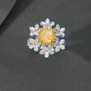 14K Yellow Floral & Rhodium Plated Luxury Teardrop Cubic Zirconia Statement Ring